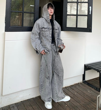 Hooded Denim Jacket & Washed Wide Leg Denim Jeans Setup WN25168