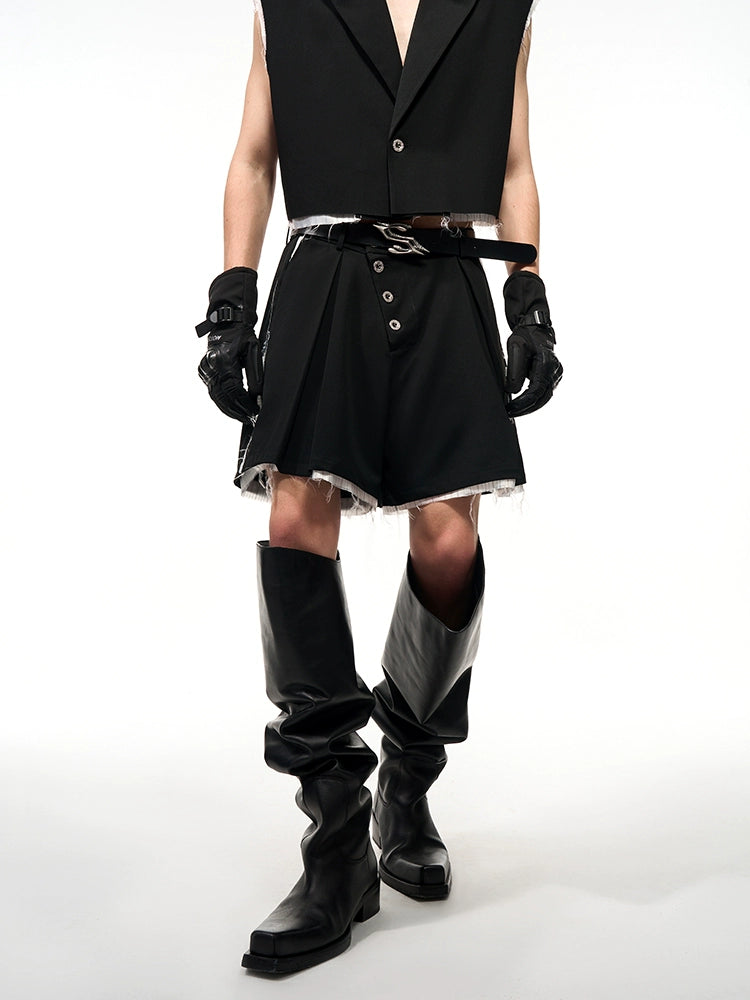 Frayed Hem Sleeveless Tailored Jacket & Half Pants Setup WN16561