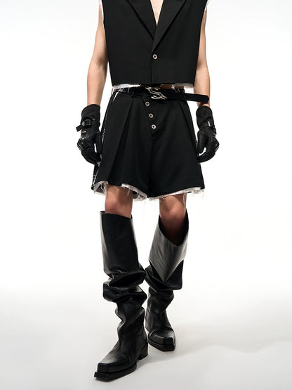 Frayed Hem Sleeveless Tailored Jacket & Half Pants Setup WN16561