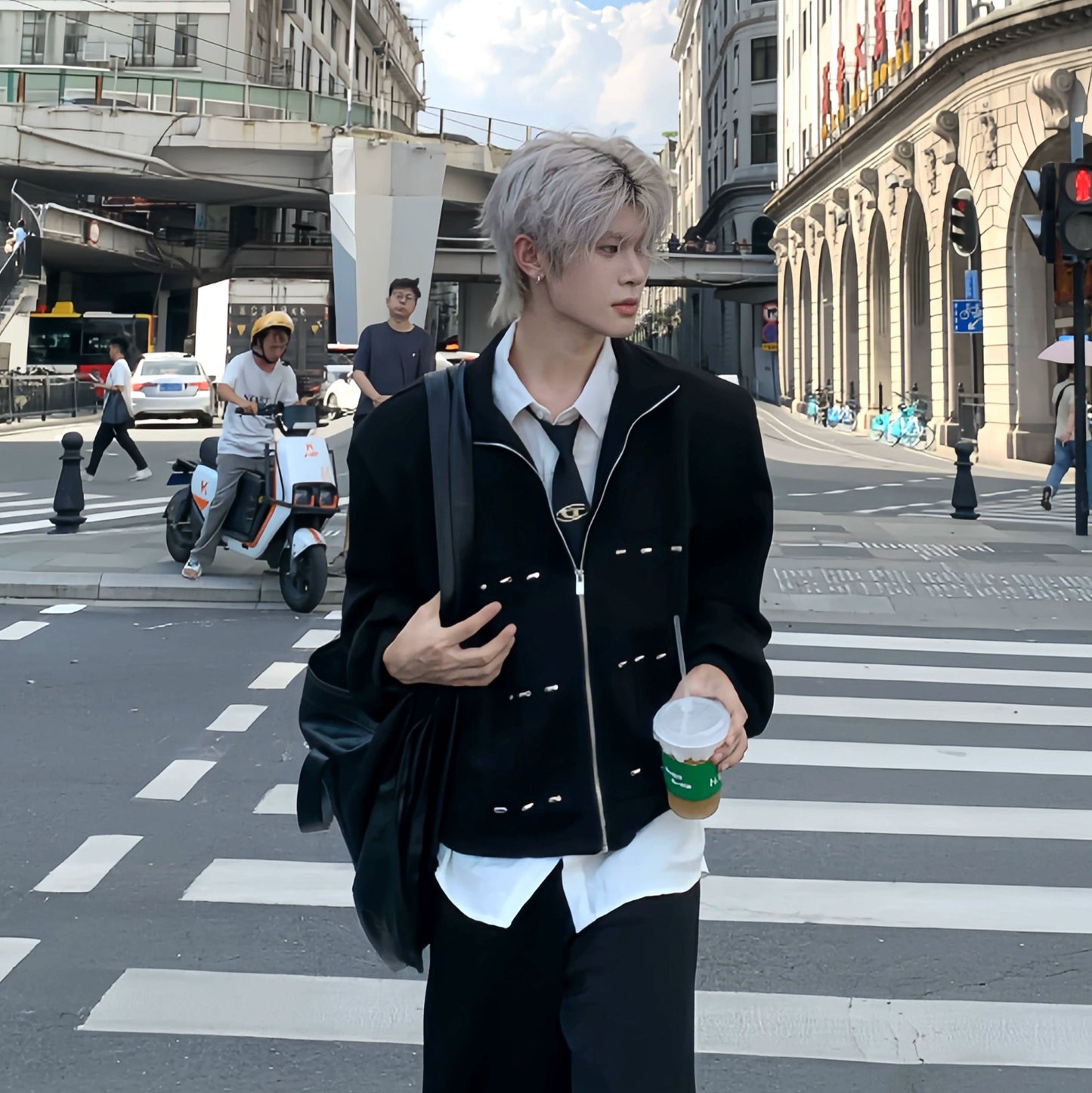 Shoulder-Pad Cropped Zipper Jacket & Wide Leg Jogger Pants Setup WN19903