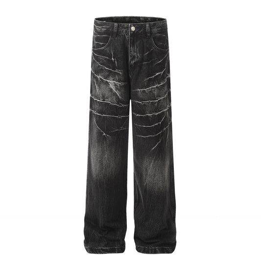 Washed Whisker Straight Denim Jeans WN25902