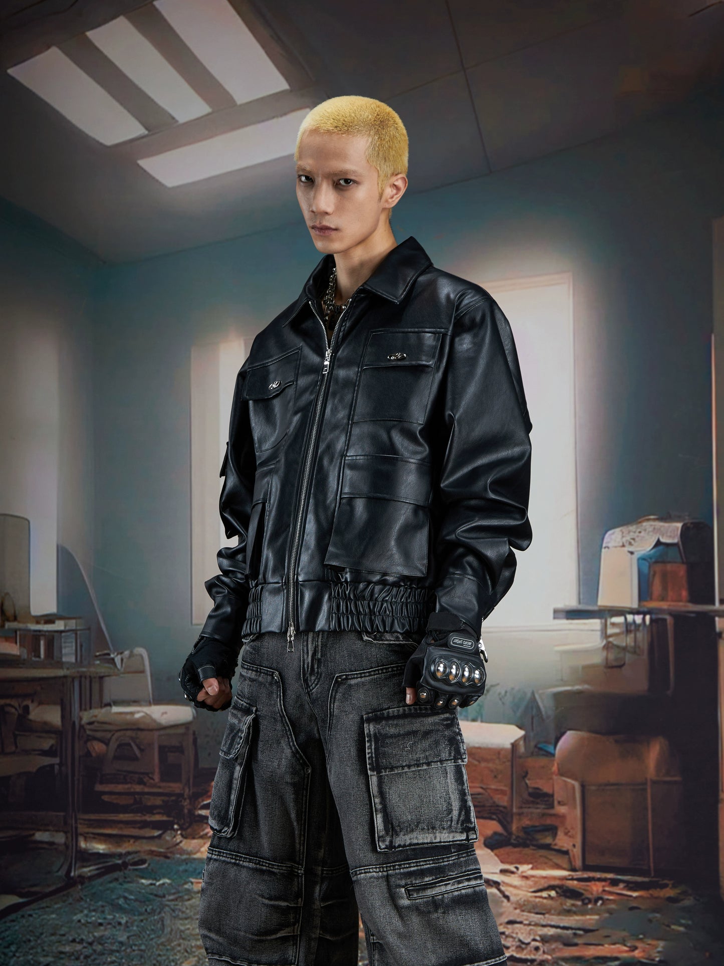 Metal Decor Multi-Pocket PU Leather Zipper Jacket WN21367