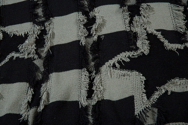 Damage Hem Colorblock Striped Knit Sweater WN11454