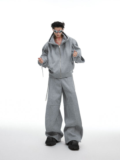 Drawstring Design Oversize Zipper Hoodie & Wide Leg Sweatpants Setup WN8051