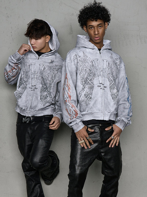 Washed Damage Art Print Zipper Hoodie WN20975