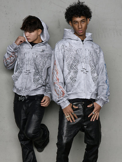 Washed Damage Art Print Zipper Hoodie WN20975