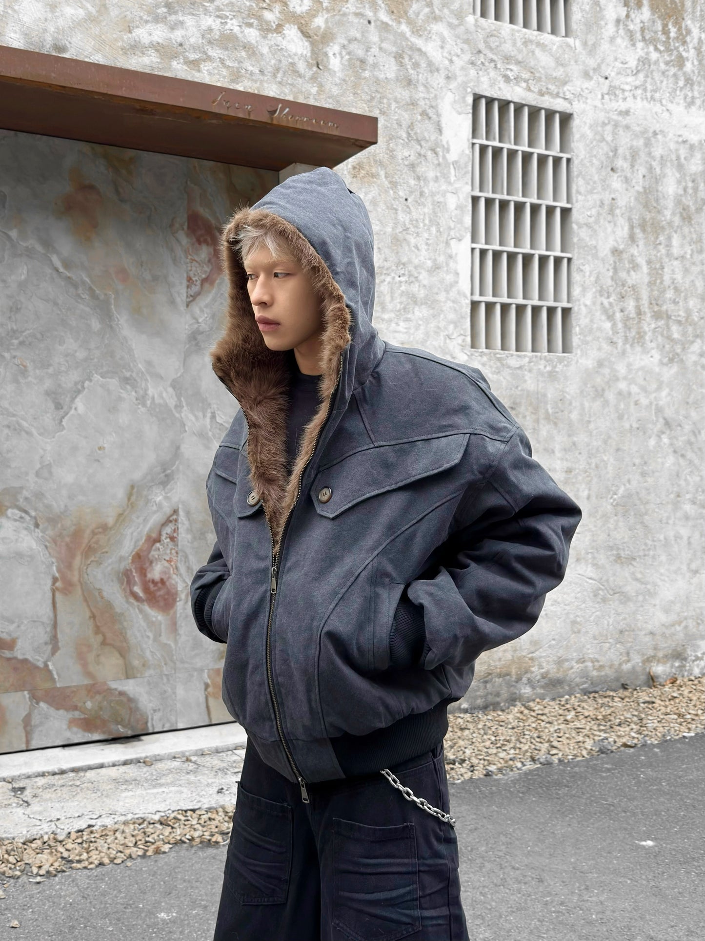 Armored Structured Hooded FakeFur-Collar Short Jacket WN22211