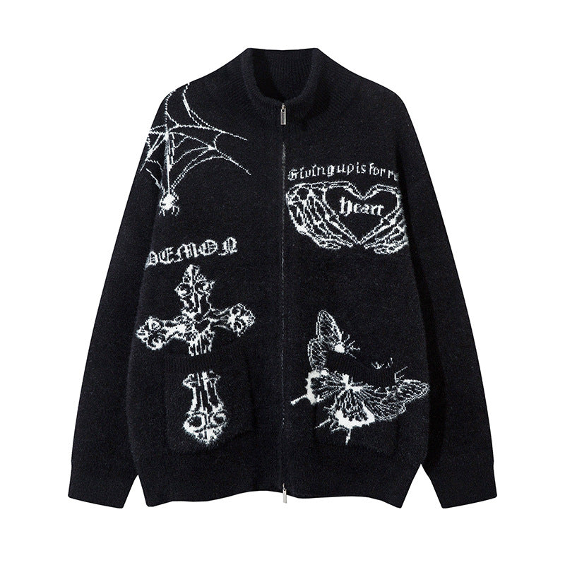 Butterfly Cross Design Oversize Zipper Knit Cardigan WN11170