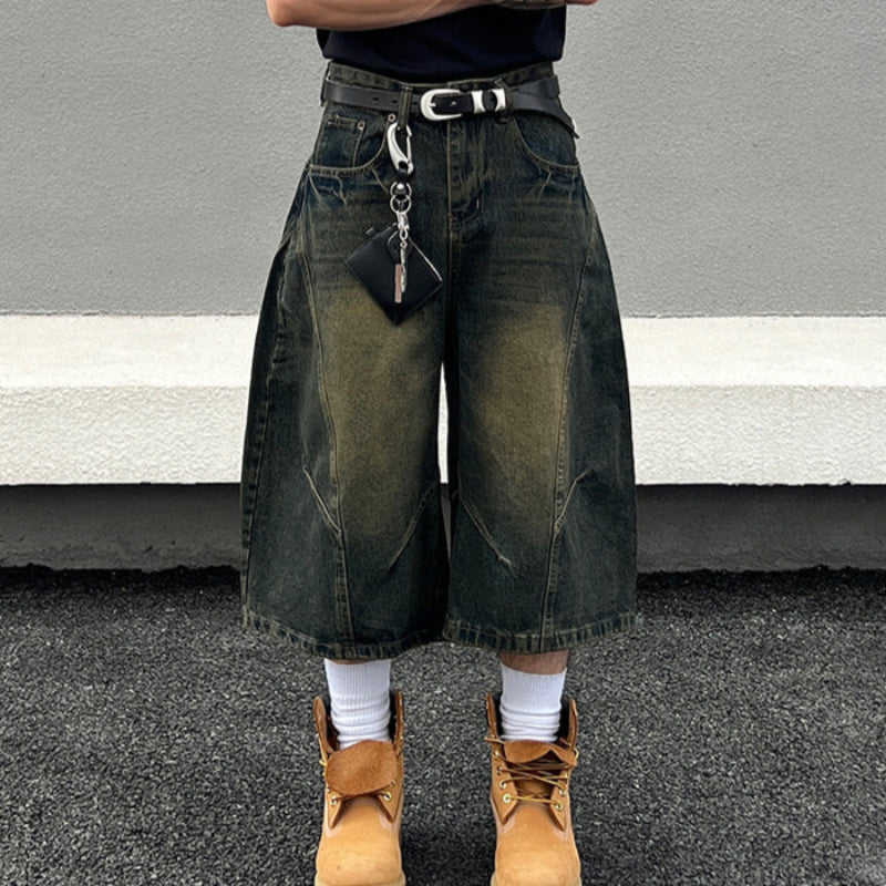 Deconstructed Washed Wide Leg Half Denim Jeans WN19569