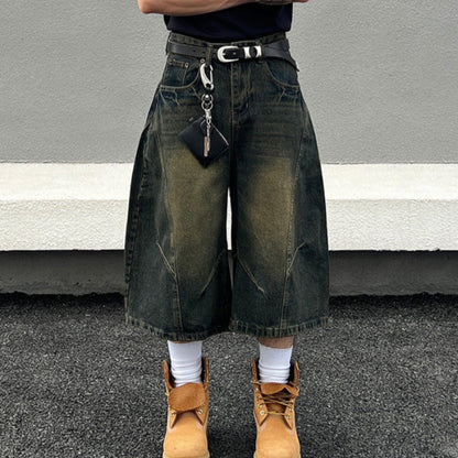 Deconstructed Washed Wide Leg Half Denim Jeans WN19569