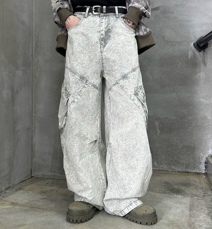 Washed Cargo Wide Leg Denim Jeans WN21168