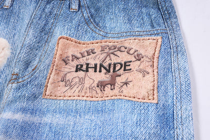 Washed 3D Character Print Wide Leg Denim Jeans WN25975