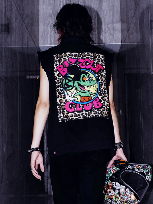 Graphic Design Metal Detail Sleeveless Denim Jacket WN15992