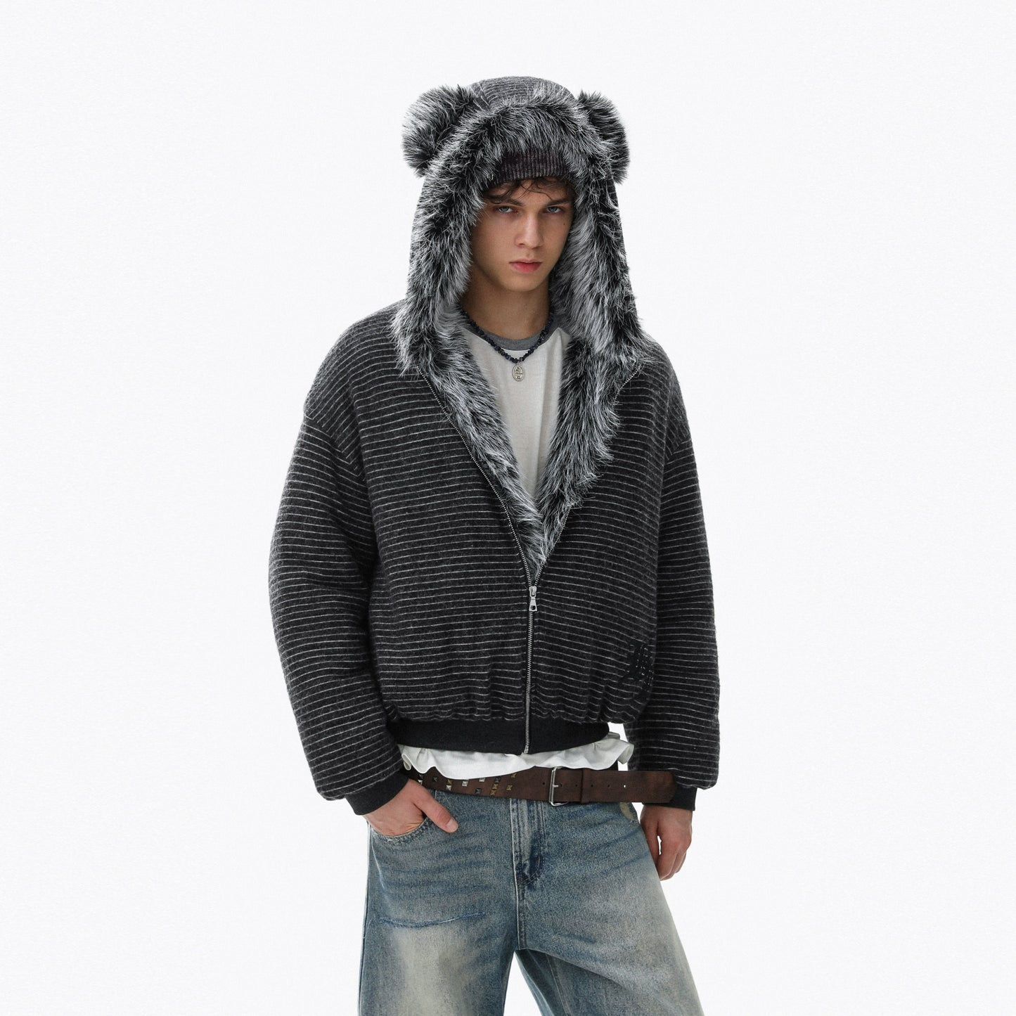 Fake Fur-Collar Stripe Zipper Hoodie WN22098