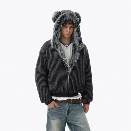 Fake Fur-Collar Stripe Zipper Hoodie WN22098