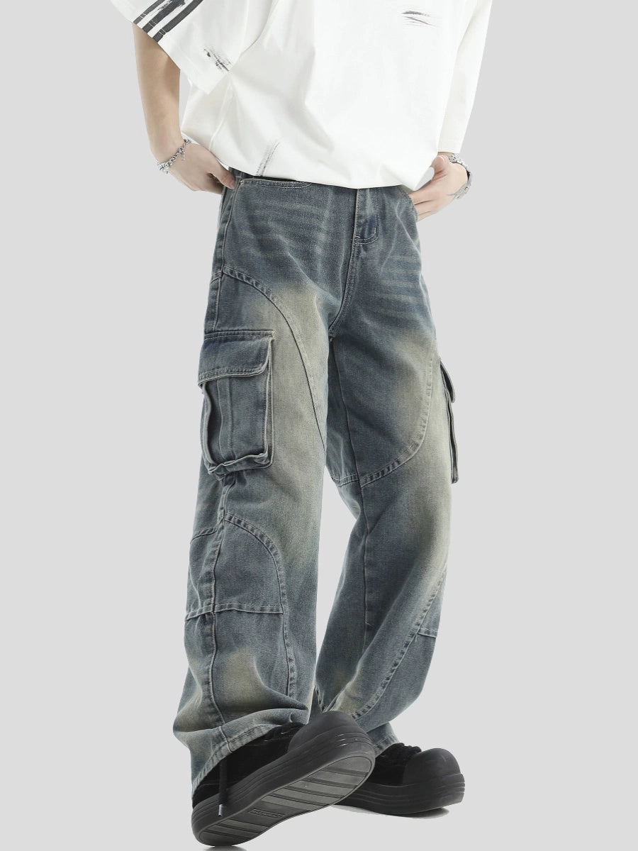 Washed Wide-Leg Straight Cargo Denim Jeans WN7177