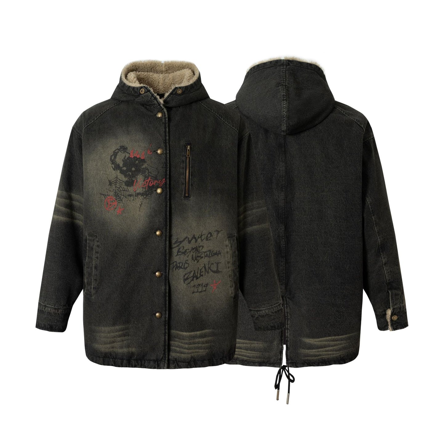 Graffiti Print Washed Denim Fleece Lining Jacket WN21901