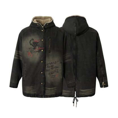 Graffiti Print Washed Denim Fleece Lining Jacket WN21901