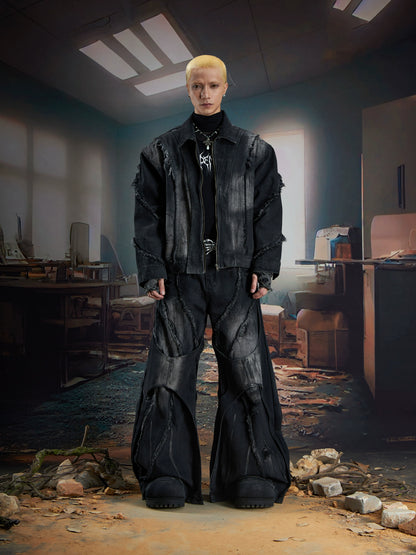 Washed Ribbon Splicing Denim Jacket & Flare Cargo Denim Jeans Setup WN21338