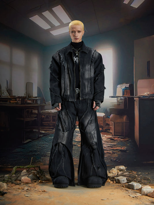 Washed Ribbon Splicing Denim Jacket & Flare Cargo Denim Jeans Setup WN21338