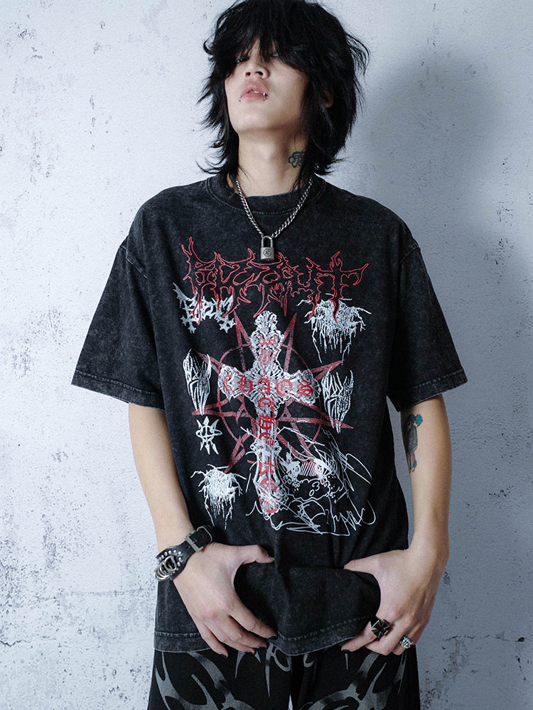 Oversize Print Washed Short Sleeve T-shirt WN15910