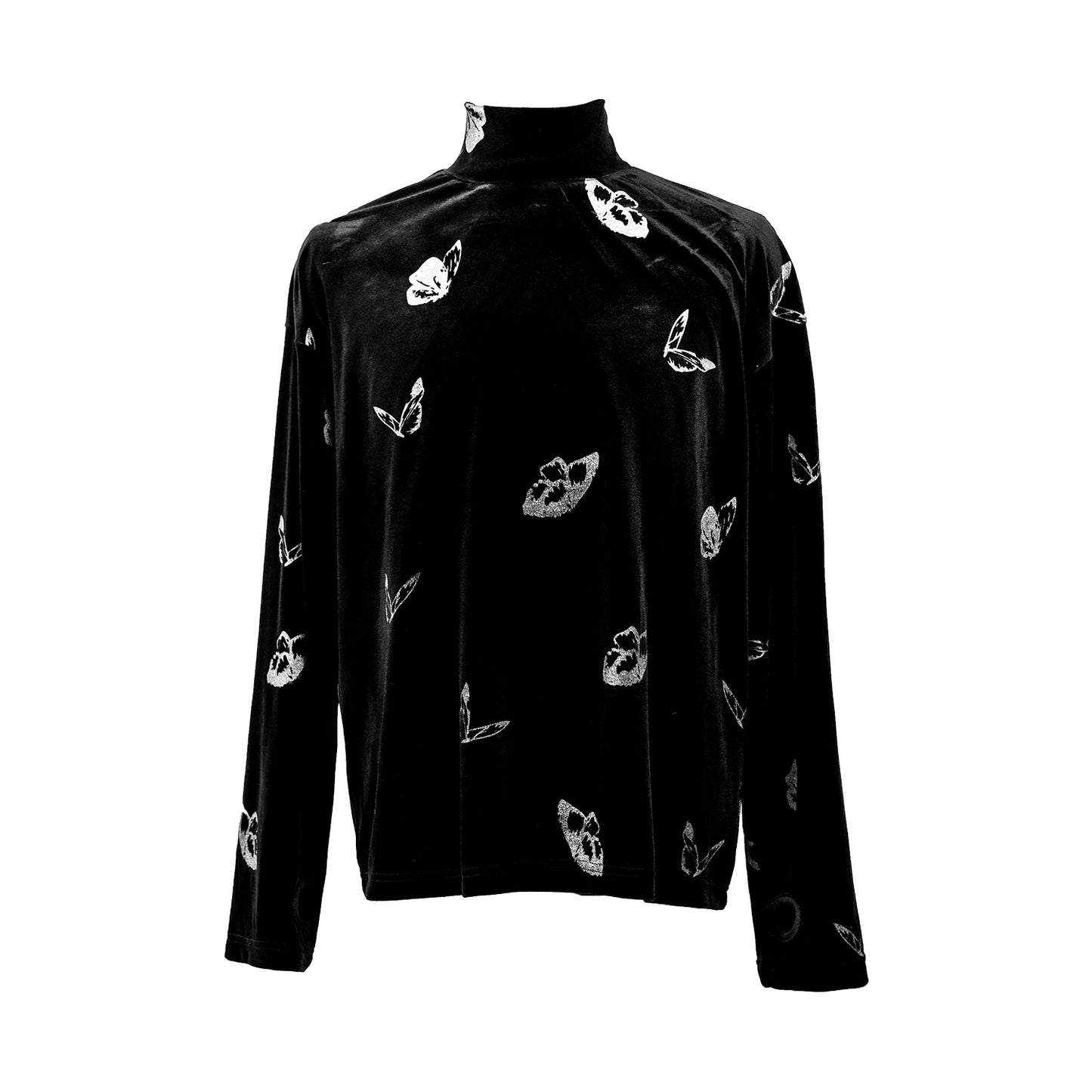 Silver Foil Butterfly High-Neck Long Sleeve T-Shirt WN11873