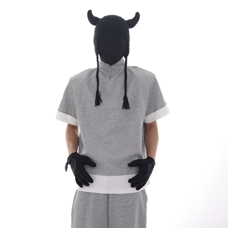 Half Zipper Stand Neck Shoulder-Pad Short Sleeve T-Shirt & Sweatpants Setup WN18620