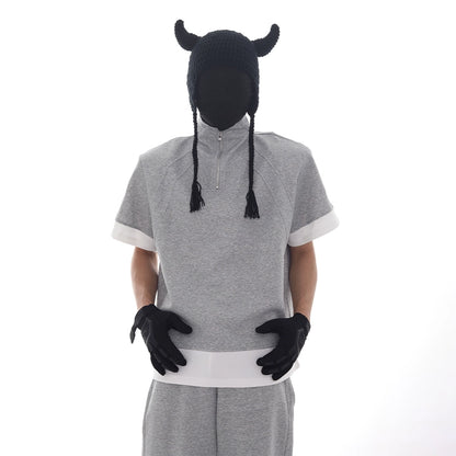Half Zipper Stand Neck Shoulder-Pad Short Sleeve T-Shirt & Sweatpants Setup WN18620