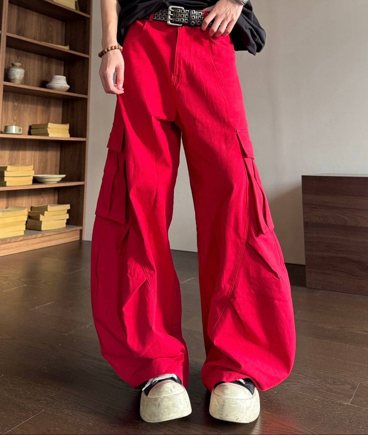 Red Denim Curved Wide Leg Cargo Pants WN23153
