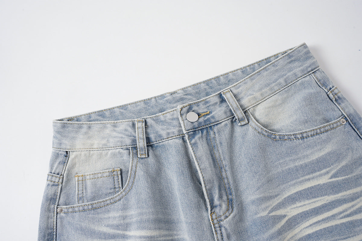 Washed Whisker Damage Wide Leg Denim Jeans WN25532