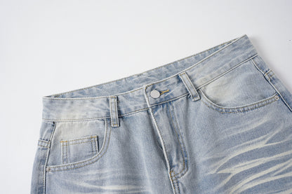 Washed Whisker Damage Wide Leg Denim Jeans WN25532