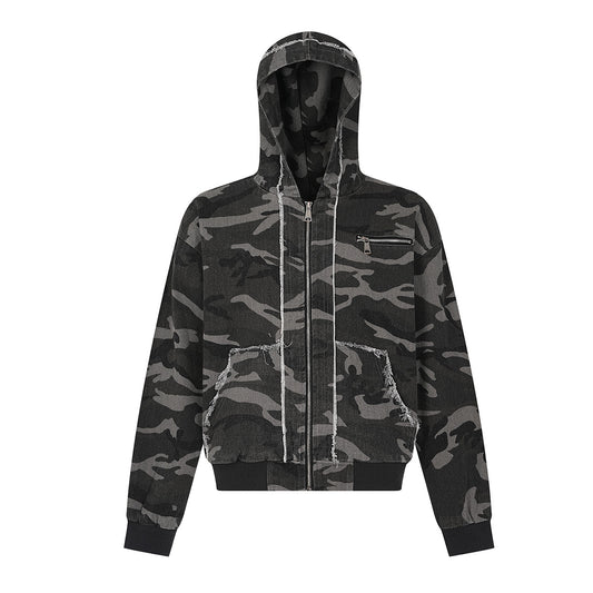 Camouflage Raw Hem Zipper Hoodie WN12707