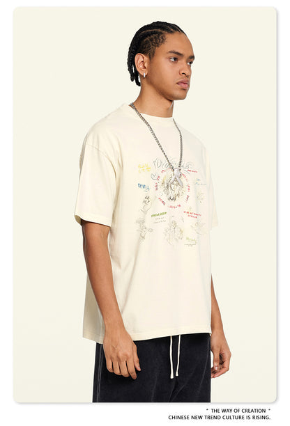 Washed Angel Print Round Neck Short Sleeve T-Shirt WN7833