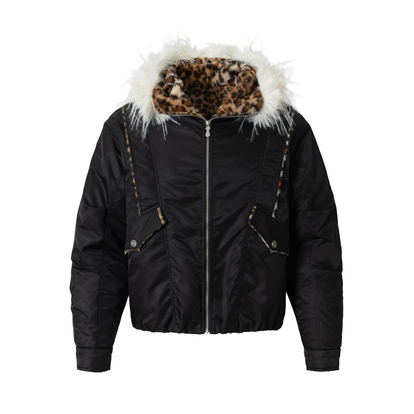 Fake Fur Collar Leopard Fleece Lining Puffer Jacket WN21924