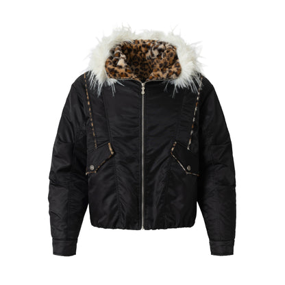 Fake Fur Collar Leopard Fleece Lining Puffer Jacket WN21924