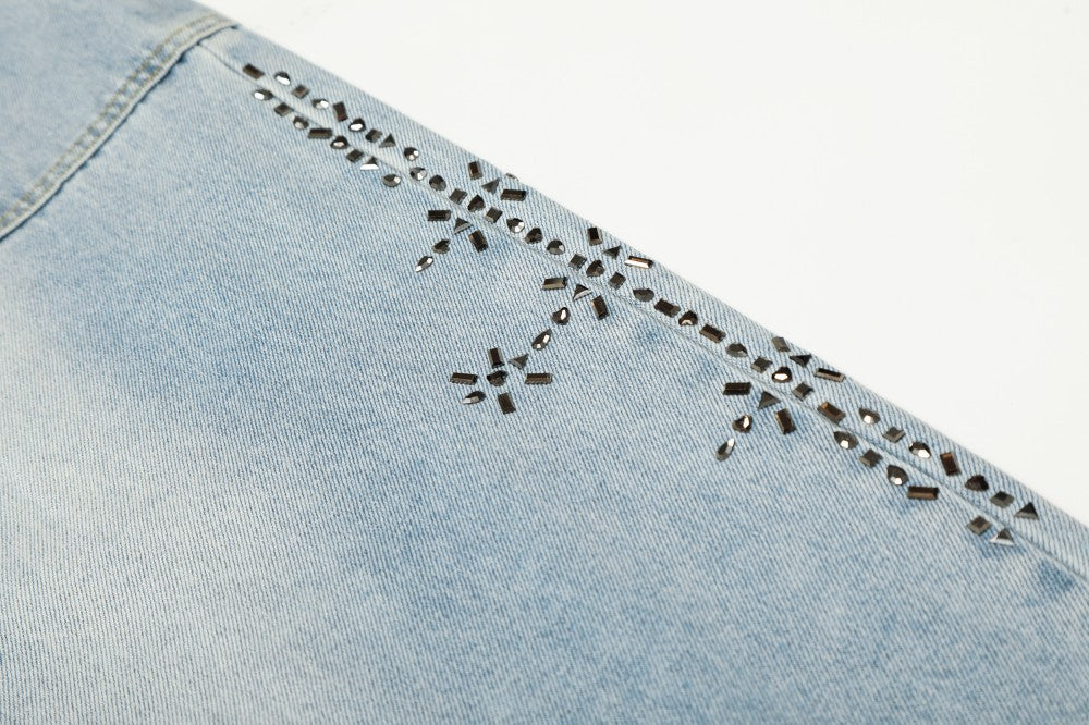 Rhinestone Studded High-Waist Wide Leg Denim Jeans WN27911