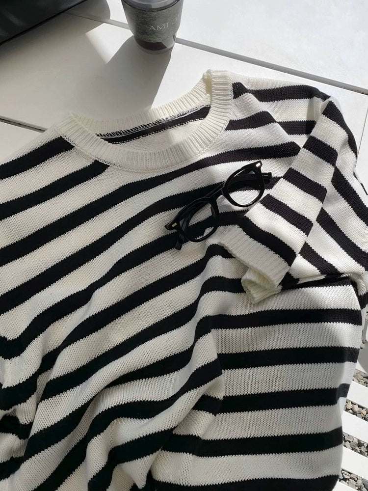 Stripe Knit Oversize Short Sleeve T-Shirt WN20325