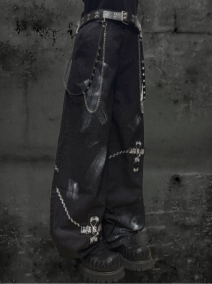 Paint Print Wide Leg Denim Jeans & Bandana Waist Panel & Skull Belt & Belt Chain WN23793