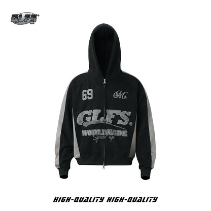 Suede Panel Letter Print Zipper Hoodie WN26524
