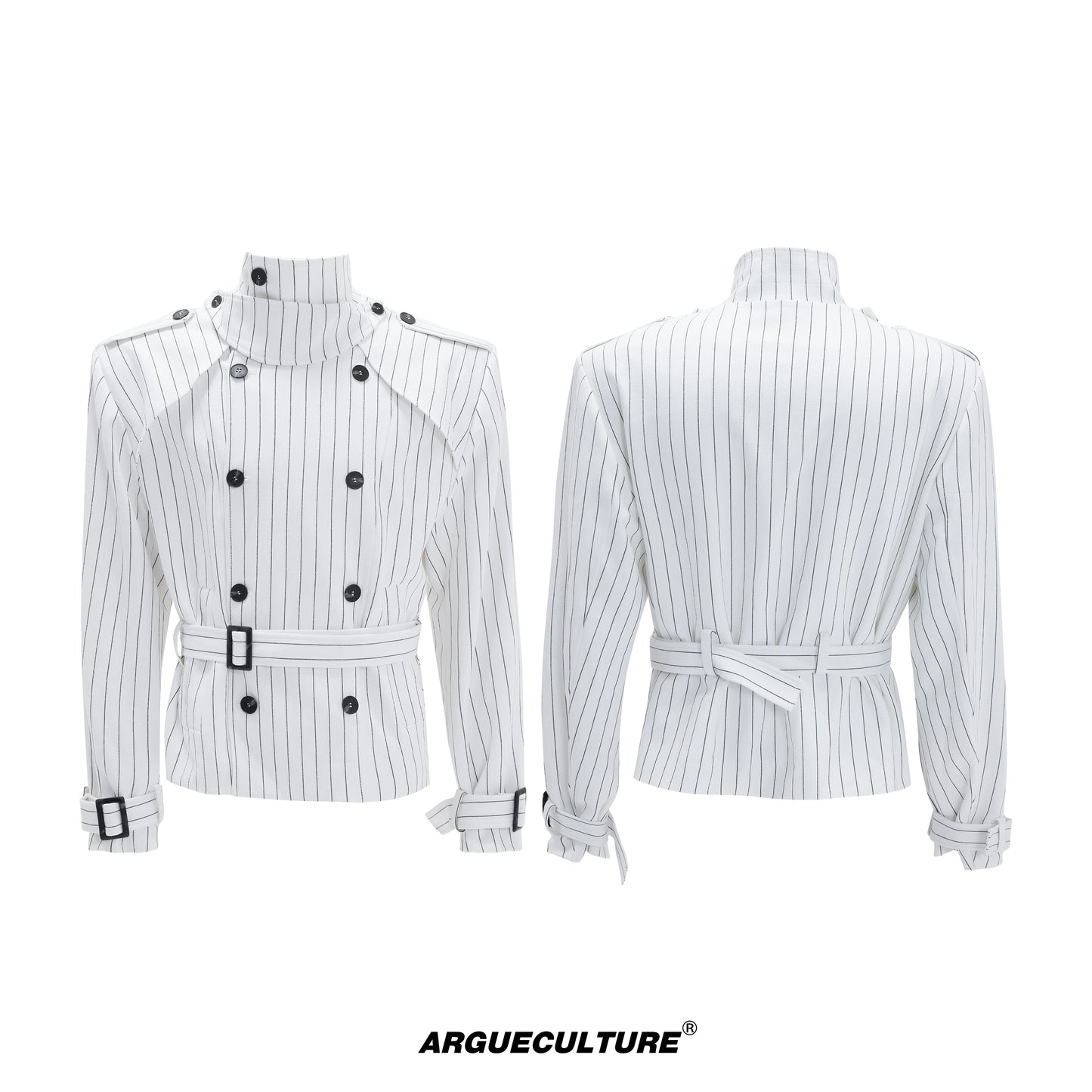Stripe Multi-Panel Shoulder-Pad Belted Jacket & Trousers Setup WN21729