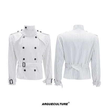 Stripe Multi-Panel Shoulder-Pad Belted Jacket & Trousers Setup WN21729