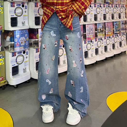 Cartoon Patch Wide Leg Denim Jeans WN24029
