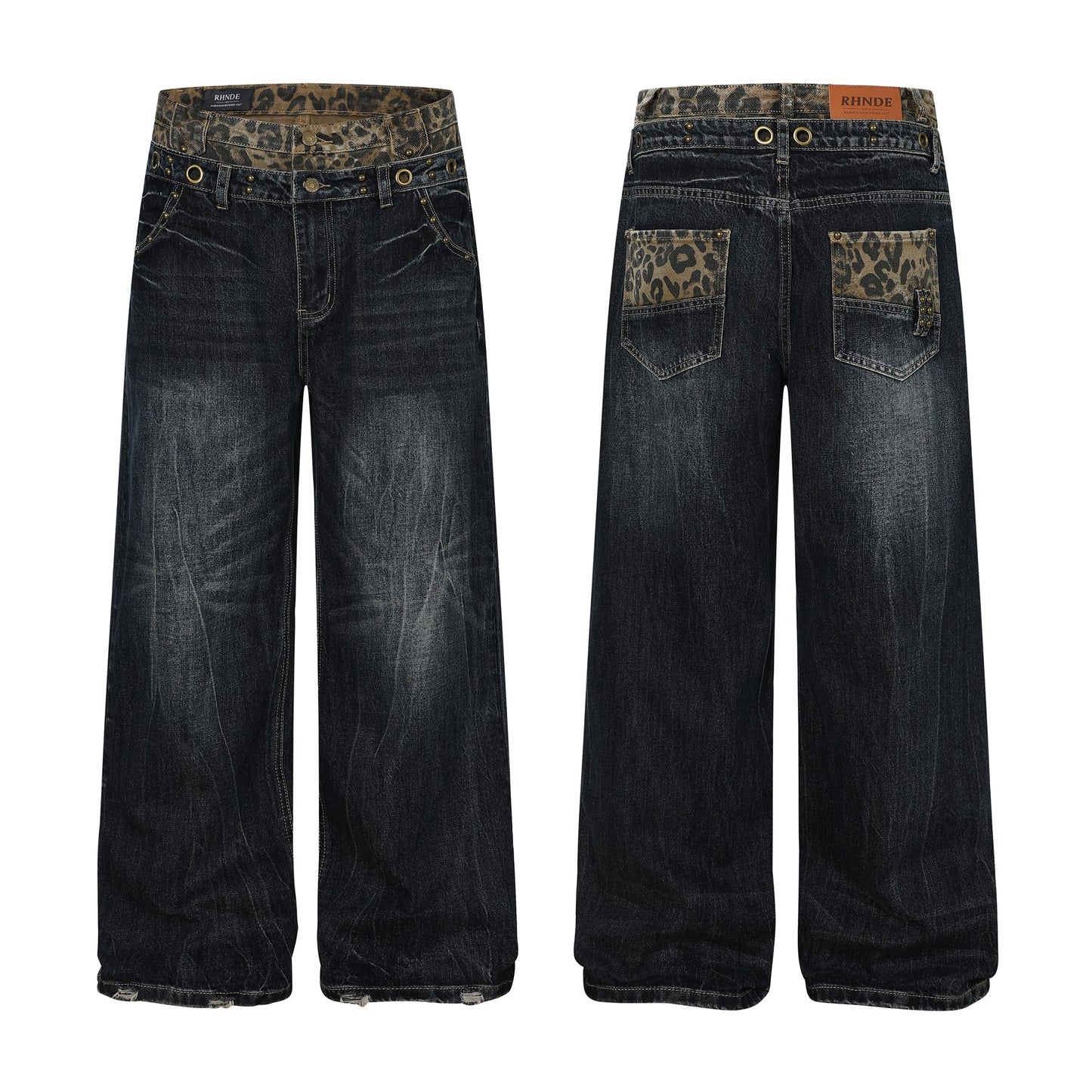 Fake Layered Leopard Print Wide Leg Denim Jeans WN26148