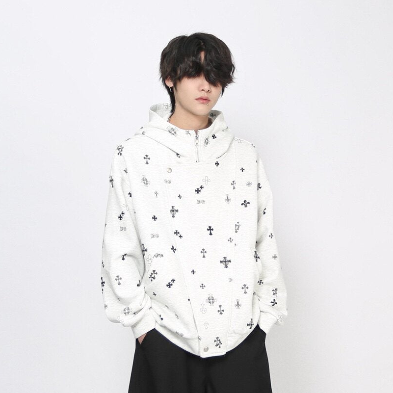 Cross Print Oversize Zipper Hoodie WN24440
