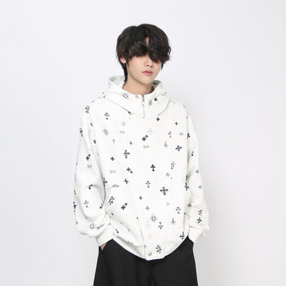 Cross Print Oversize Zipper Hoodie WN24440