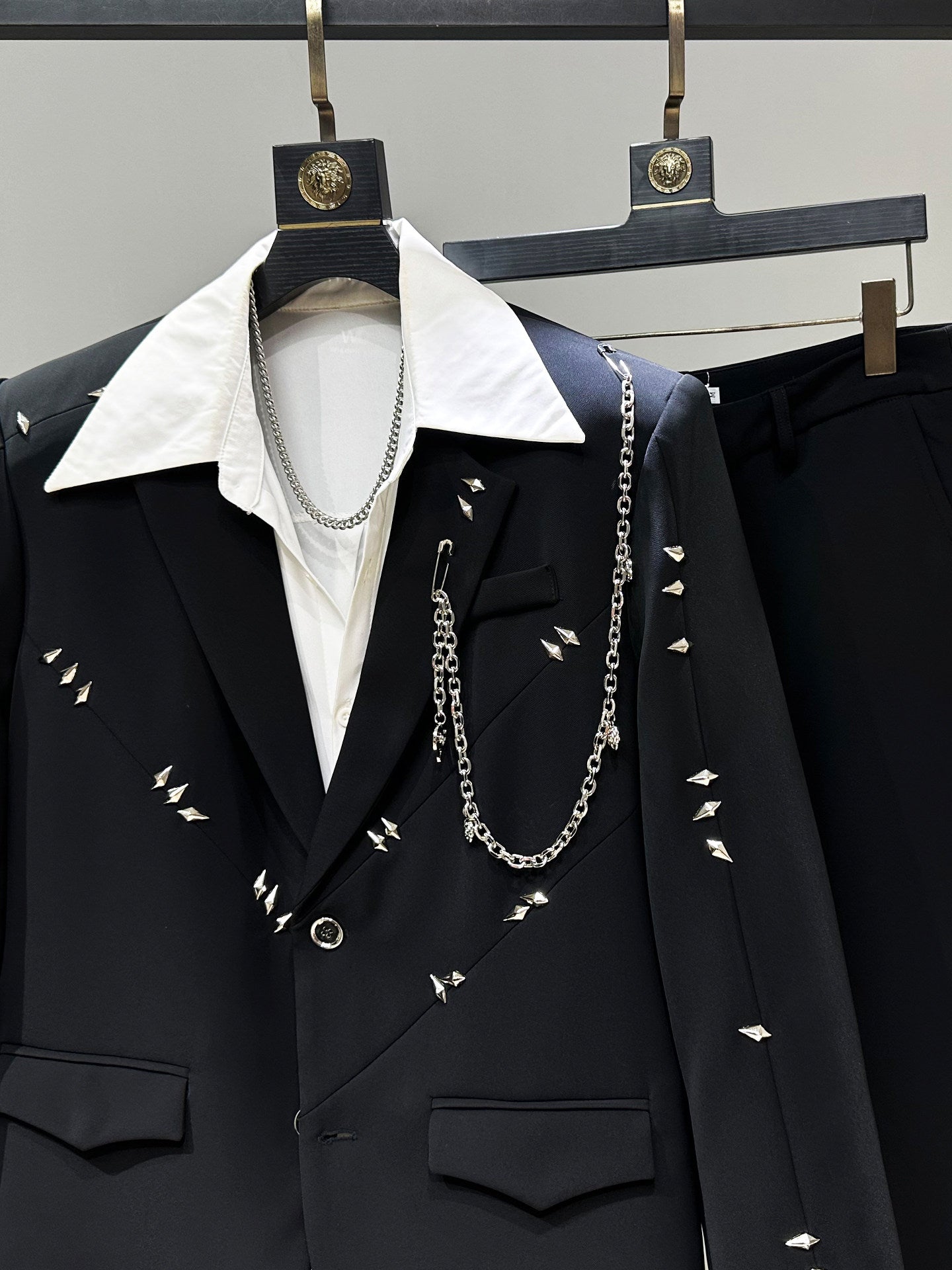 Metal Studded Chain Tailored Jacket & Wide Leg Flare Trousers Setup WN23963