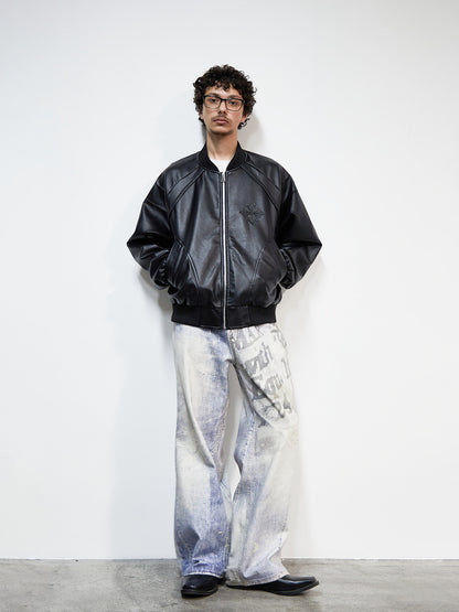 PU Leather Embroidery Baseball Collar Oversize Jacket WN22922