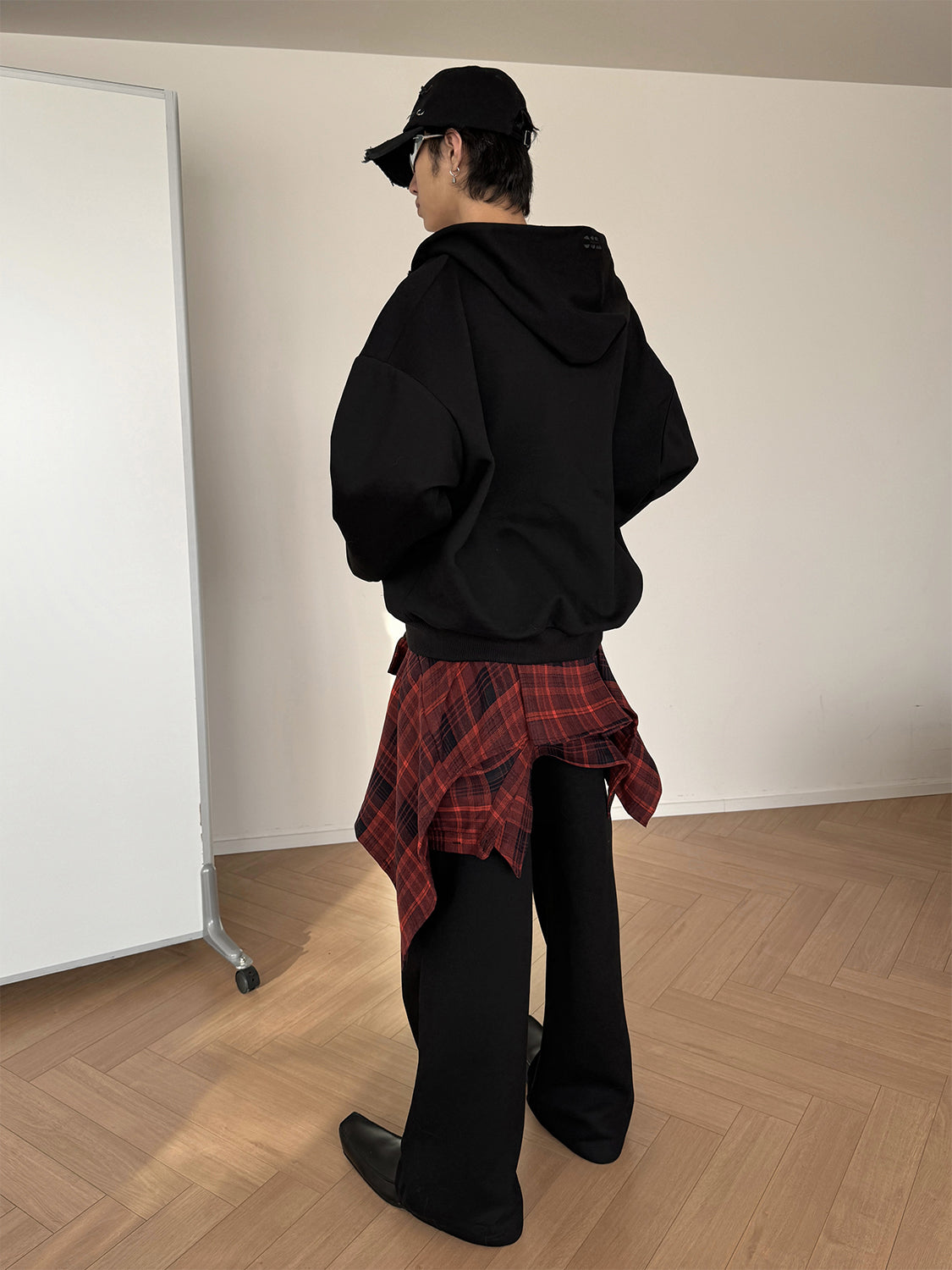 Detachable Fake Layered Plaid Shirt Zipper Hoodie WN15161