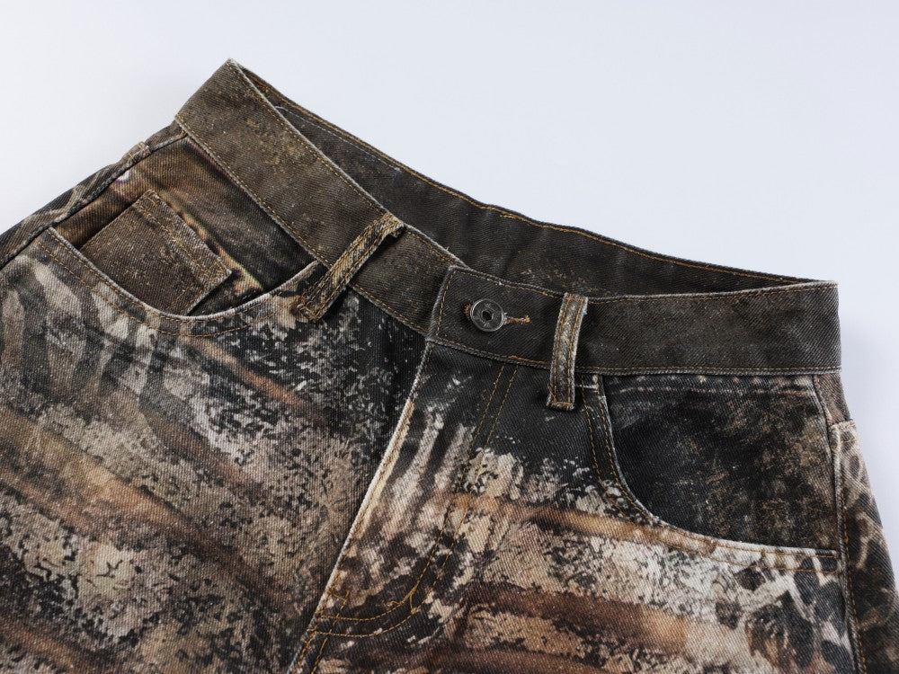 Leopard Print Patchwork Wide Leg Denim Jeans WN27839