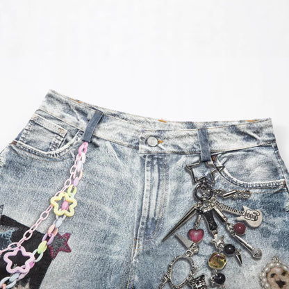 Washed Charm Patch Wide Leg Cropped Denim Jeans WN25564